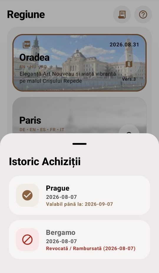 Captură de ecran cu istoricul achizițiilor