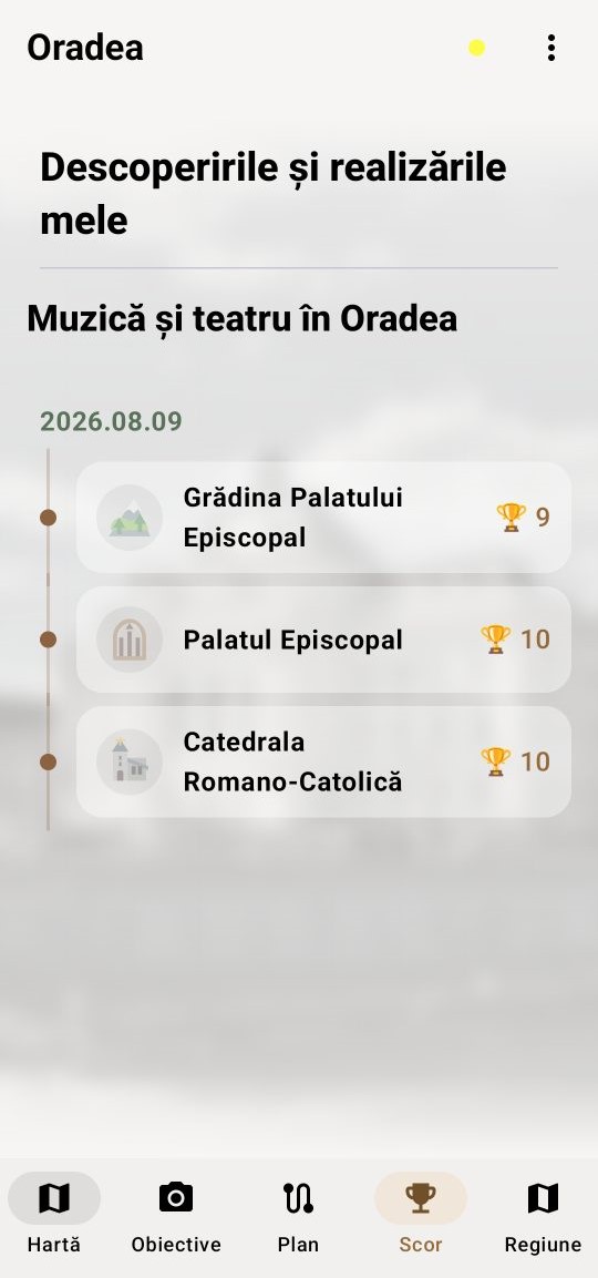 Captură de ecran cu realizări și itinerarii tematice