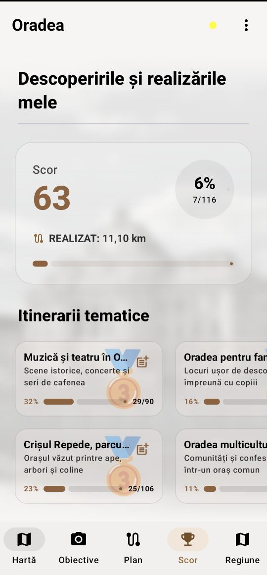 Captură de ecran cu un traseu și puncte acumulate